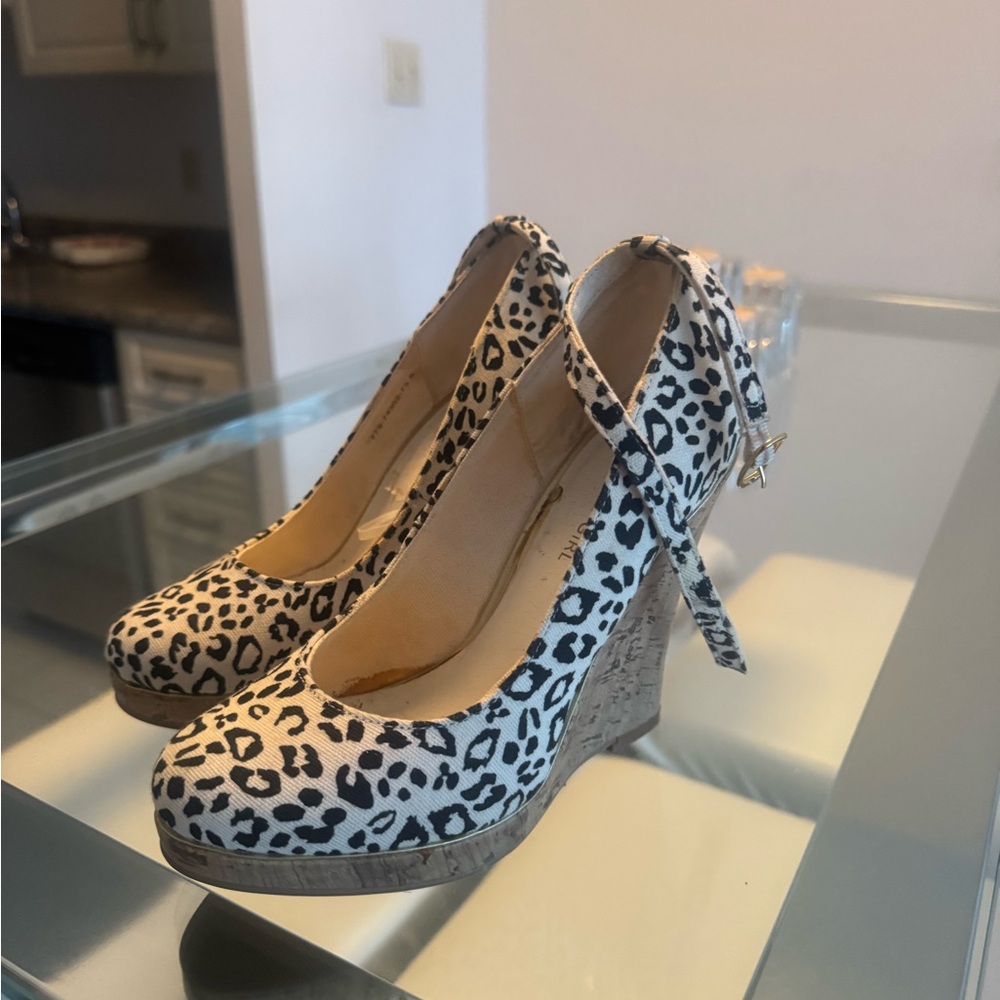 Leopard Print Wedge Pumps with Ankle Tie